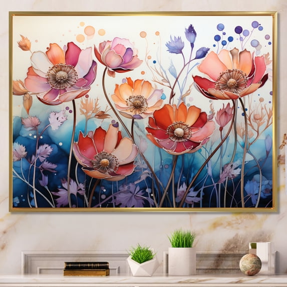 Designart "Red Blue Botanical Charm" Abstract Botanicals Floater Framed Canvas Art Print