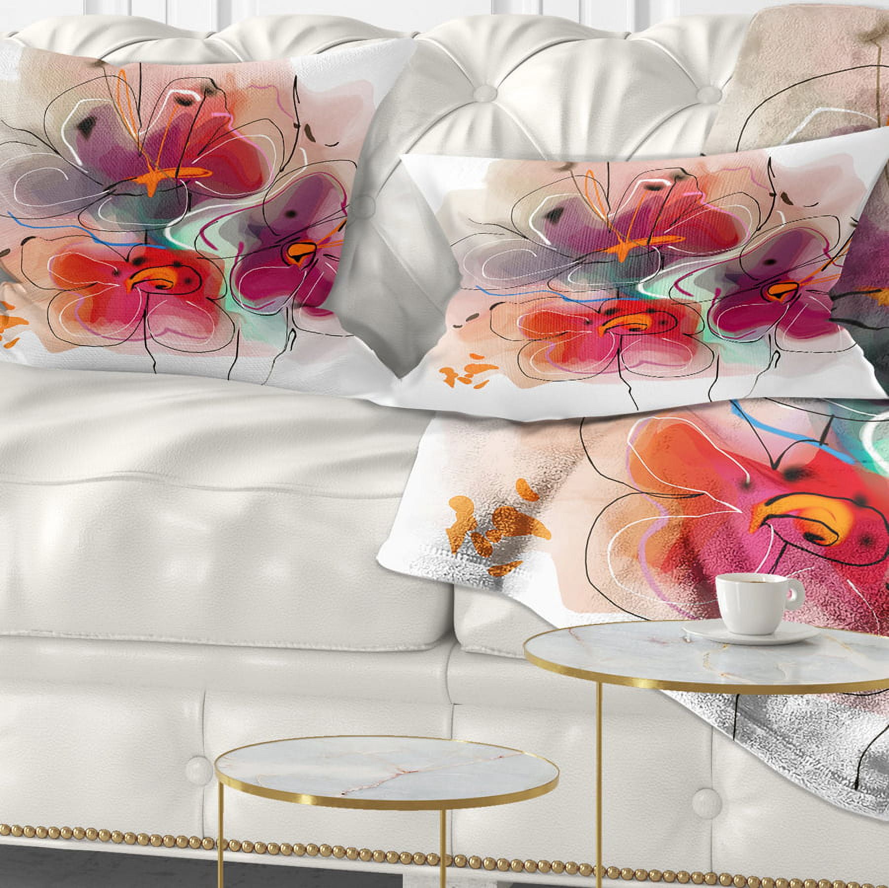 Designart Red Blue Flower Illustration - Floral Throw Pillow - 12x20