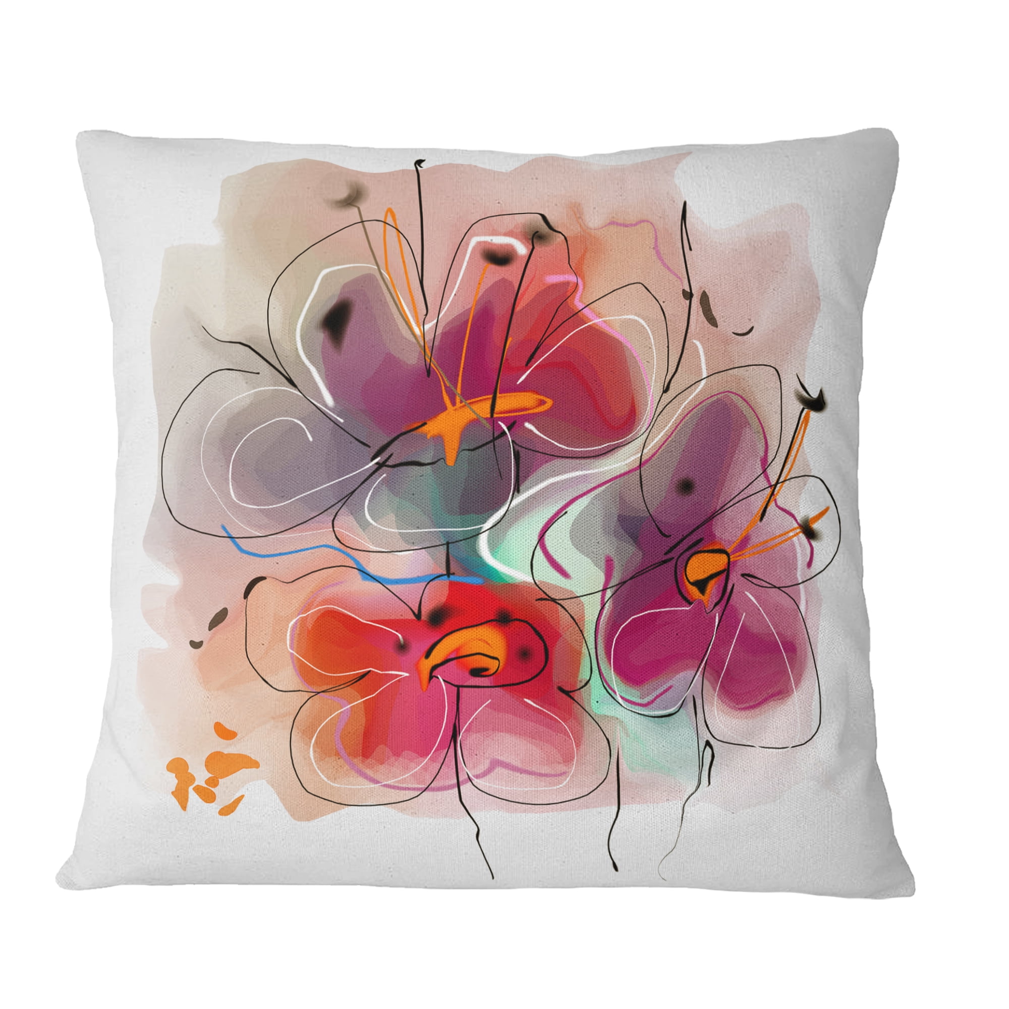 Designart Red Blue Flower Illustration - Floral Throw Pillow - 18x18