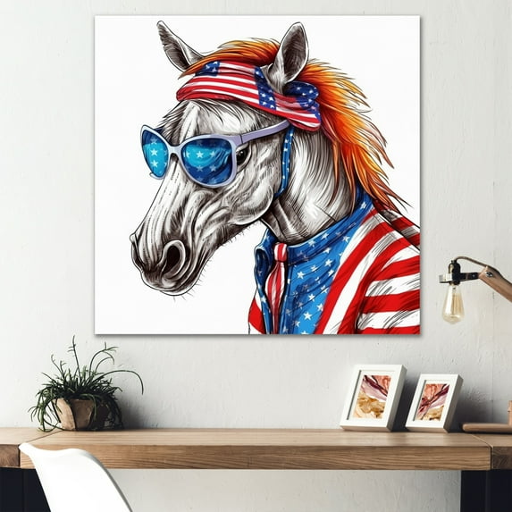 Designart "Red Blue Horse With Sunglasses And Shirt" Animals Horse Wall Decor