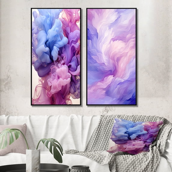 Designart "Red Blue Ink Waves Pure Abstraction III" Abstract Liquid Ink Framed Wall Art Set Of 2 - Modern Purple Gallery Wall Frame Set For Home Decor
