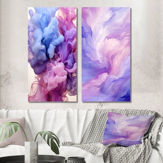 Designart "Red Blue Ink Waves Pure Abstraction III" Abstract Liquid Ink Wall Art Set Of 2 - Modern Purple Gallery Wall Set For Home Decor