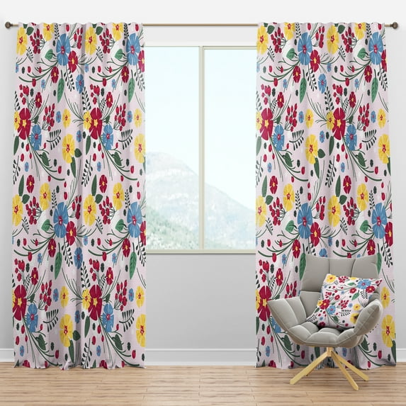 Designart 'Red Blue and Yellow Floral Pattern' Modern Blackout Curtain Panel