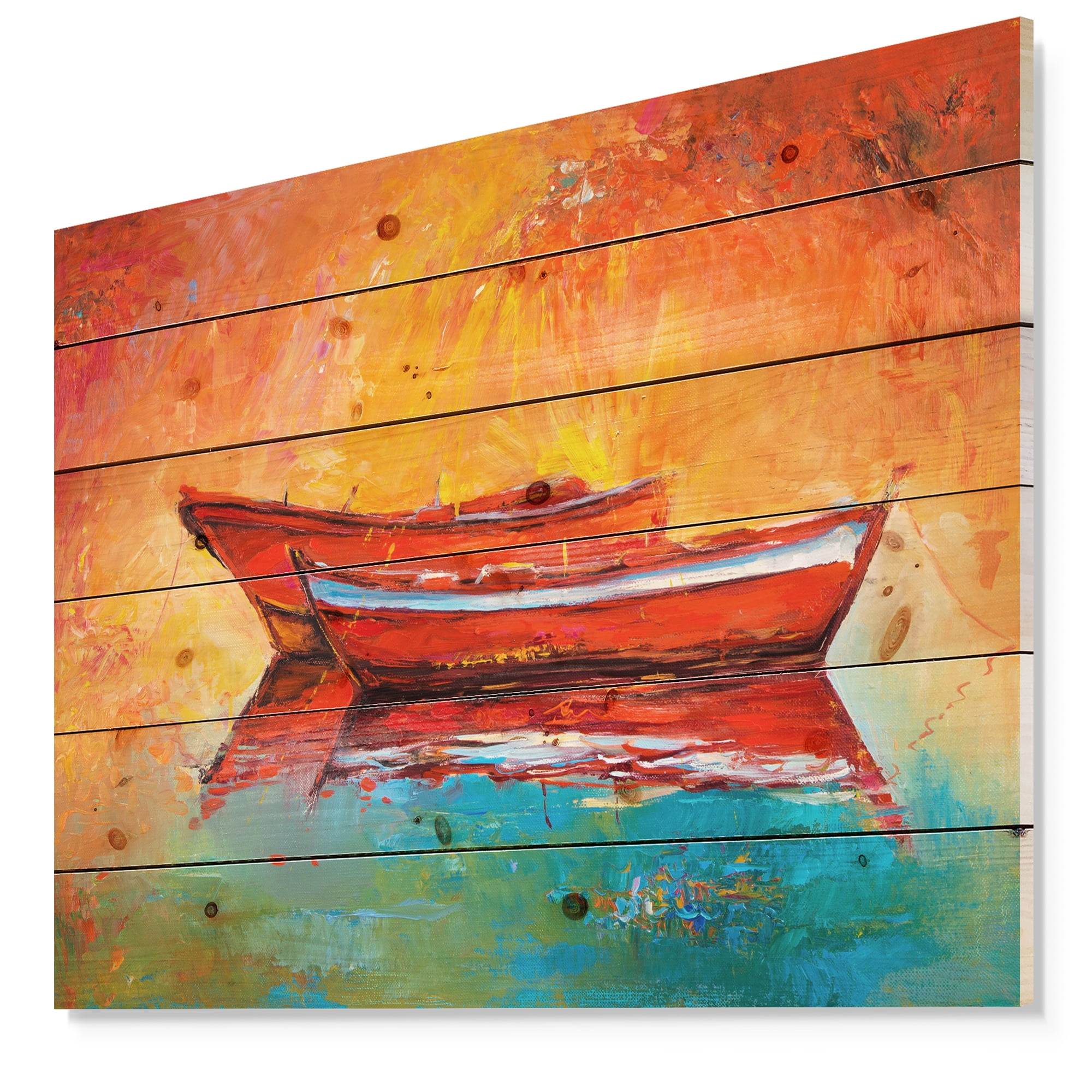 Designart 'Red Boats over Golden Sunset' Nautical Painting Print on Natural Pine Wood