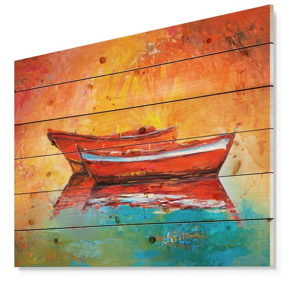 Designart 'Red Boats over Golden Sunset' Nautical Painting Print on Natural Pine Wood