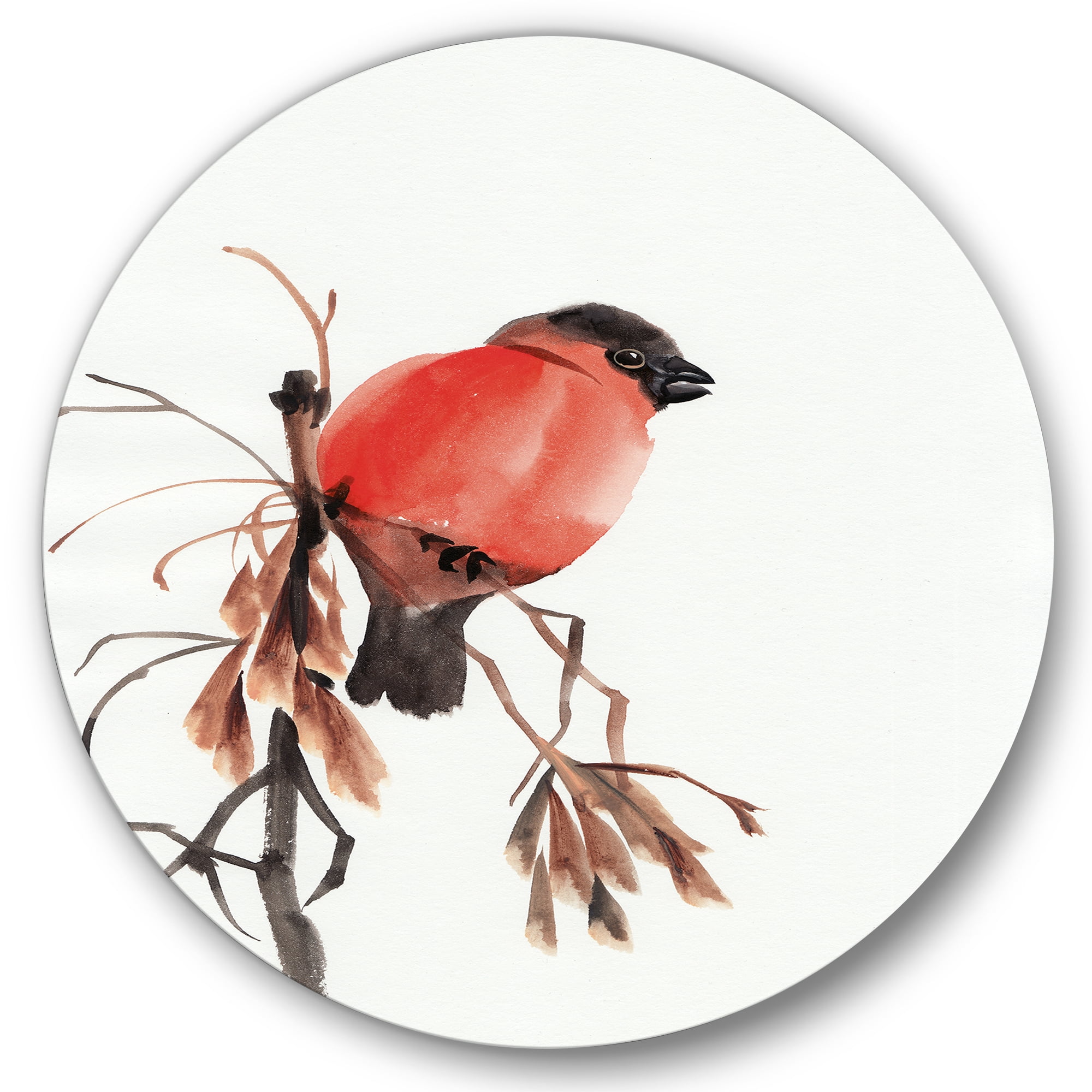 Designart 'Red Bullfinch Bird Sitting On A Branch' Traditional Circle Metal Wall Art 29x29 - Disc of 29