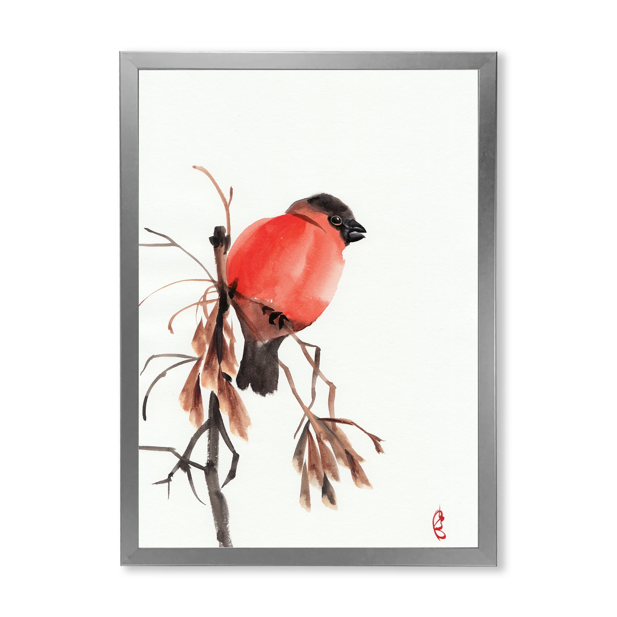 Designart 'Red Bullfinch Bird Sitting On A Branch' Traditional Framed Art Print