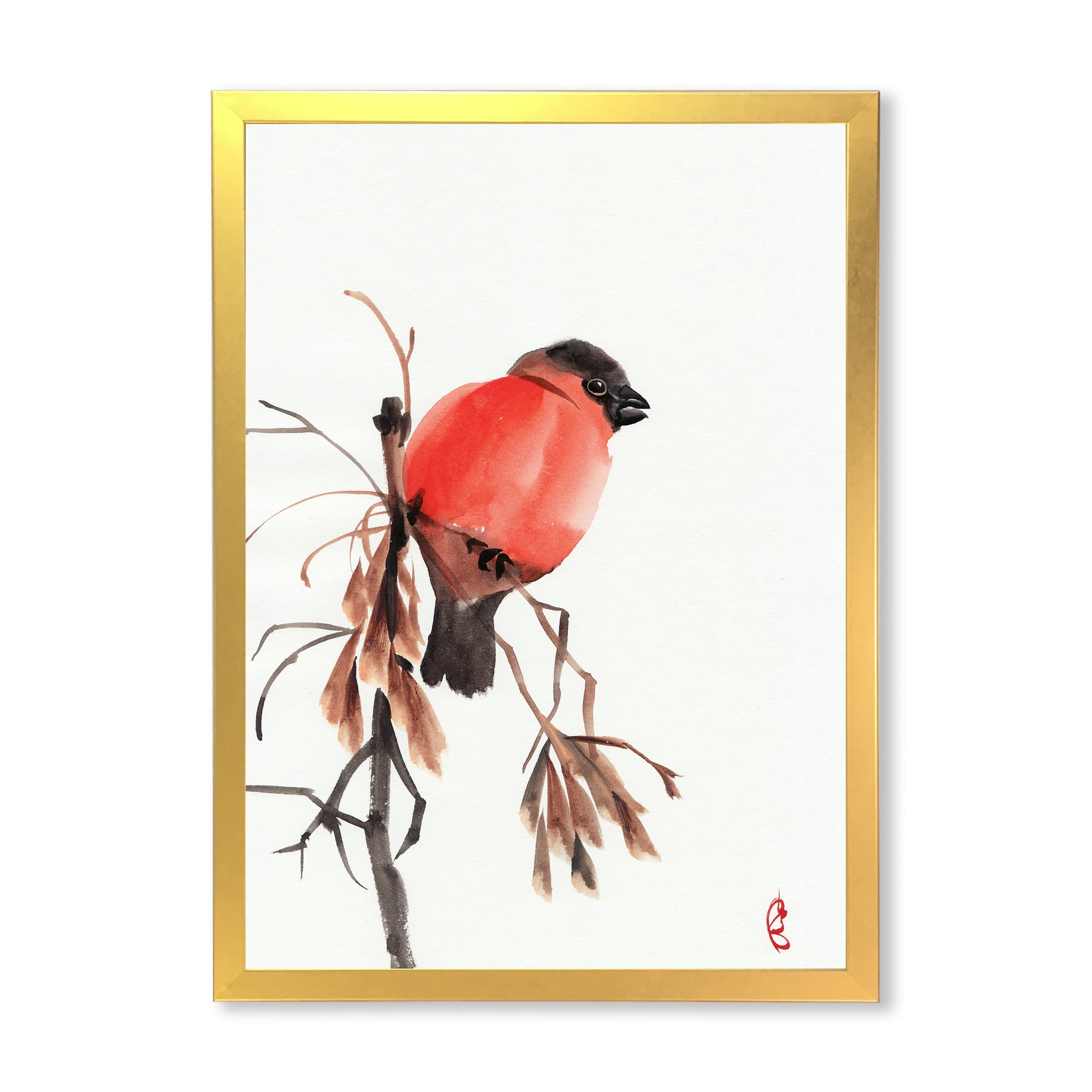 Designart 'Red Bullfinch Bird Sitting On A Branch' Traditional Framed Art Print