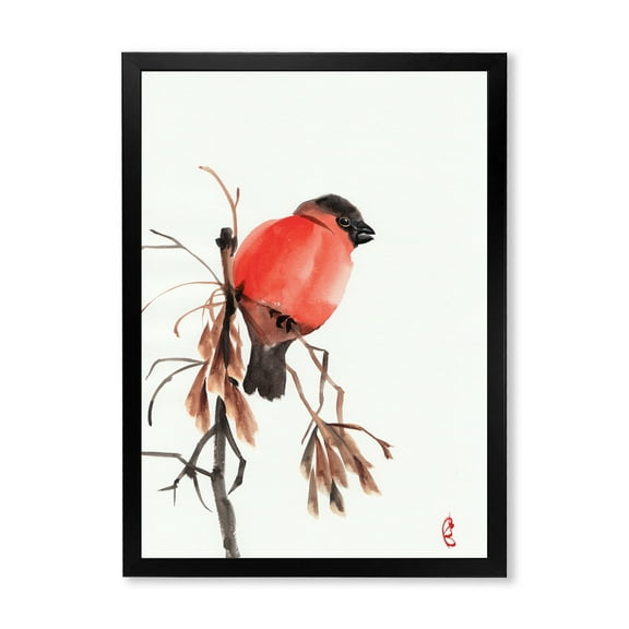 Designart 'Red Bullfinch Bird Sitting On A Branch' Traditional Framed Art Print