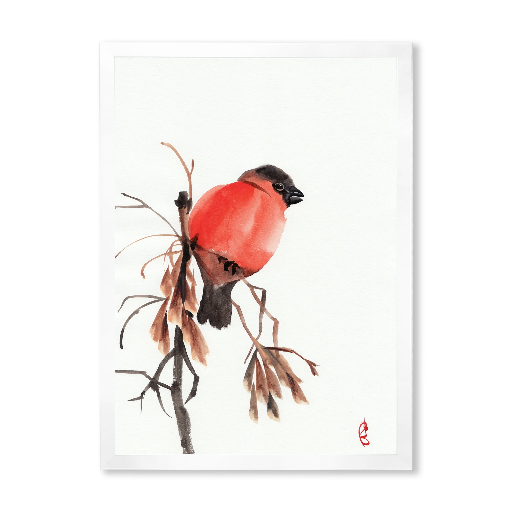 Designart 'Red Bullfinch Bird Sitting On A Branch' Traditional Framed Art Print