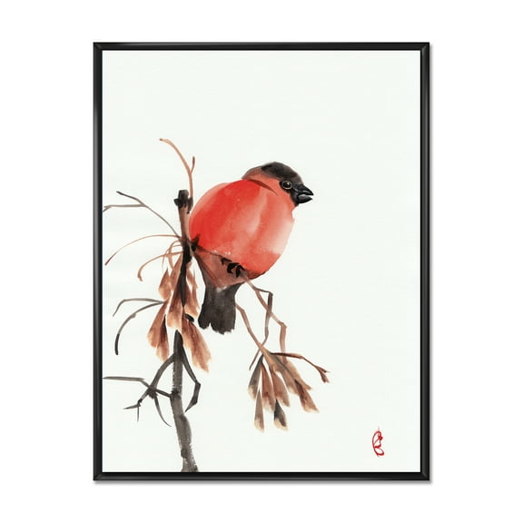 Designart 'Red Bullfinch Bird Sitting On A Branch' Traditional Framed Canvas Wall Art Print