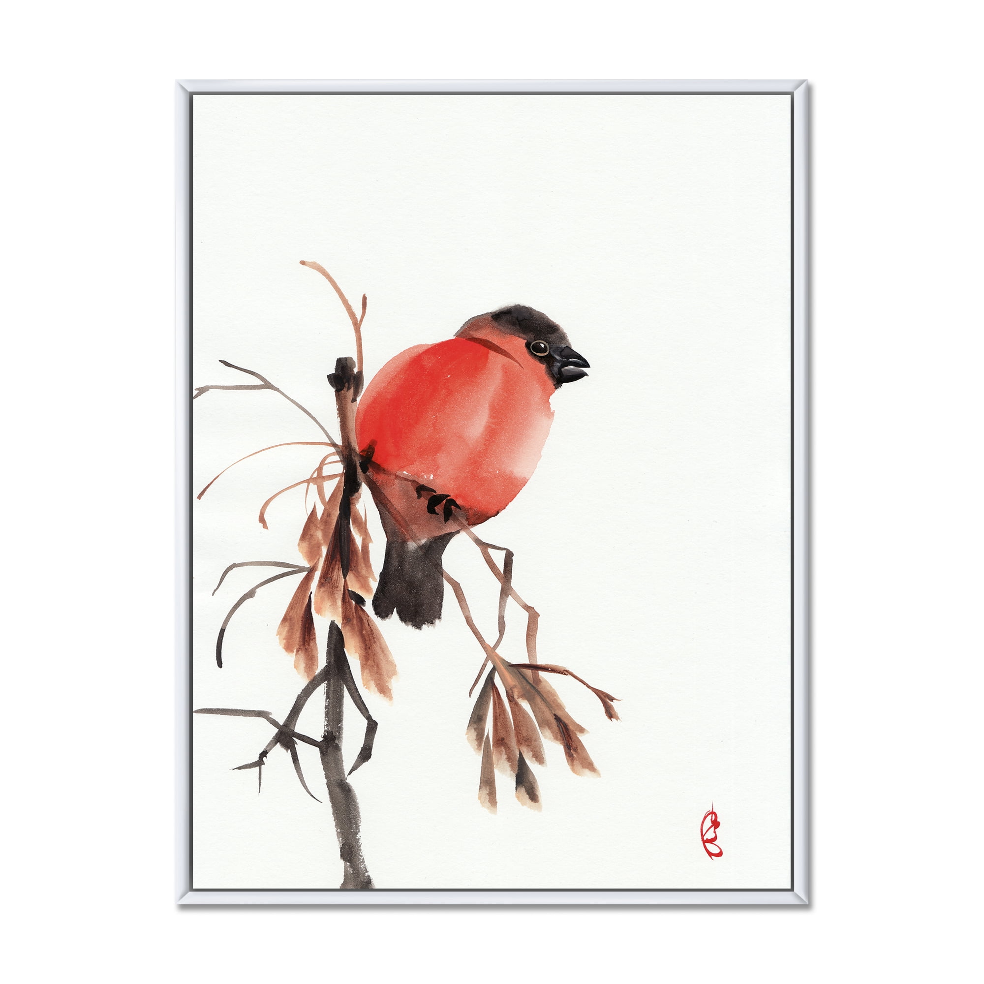 Designart 'Red Bullfinch Bird Sitting On A Branch' Traditional Framed Canvas Wall Art Print