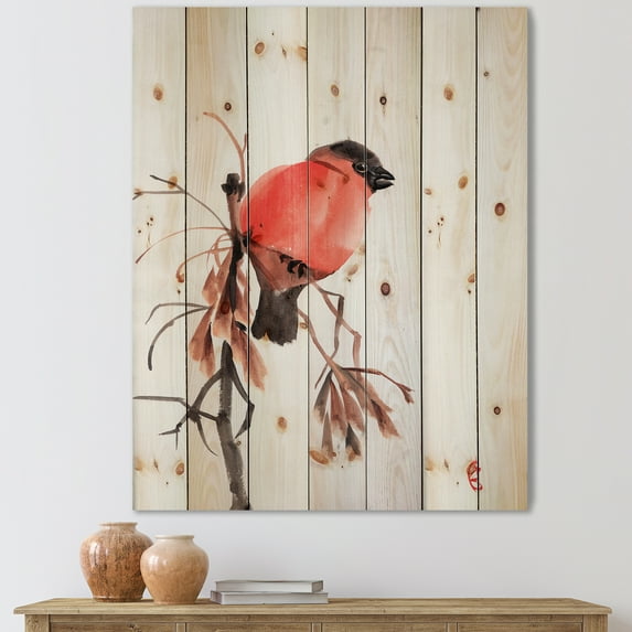 Designart 'Red Bullfinch Bird Sitting On A Branch' Traditional Print on Natural Pine Wood