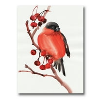 Designart ' Red Bullfinch Bird Sitting On A Branch With Berries ' Traditional Canvas Wall Art Print