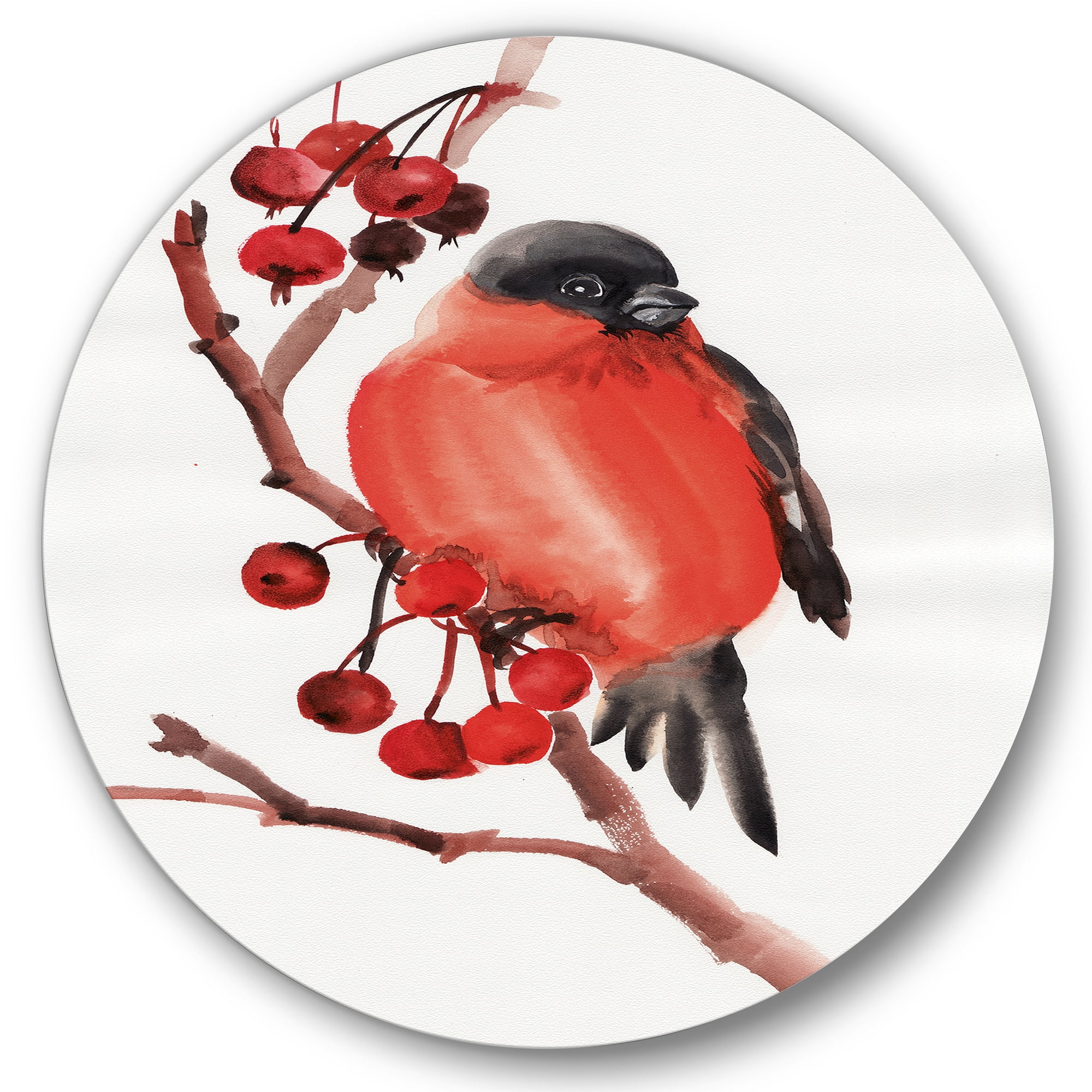 Designart 'Red Bullfinch Bird Sitting On A Branch With Berries' Traditional Circle Metal Wall Art 23x23 - Disc of 23