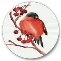 Designart 'Red Bullfinch Bird Sitting On A Branch With Berries' Traditional Circle Metal Wall Art 36x36 - Disc of 36