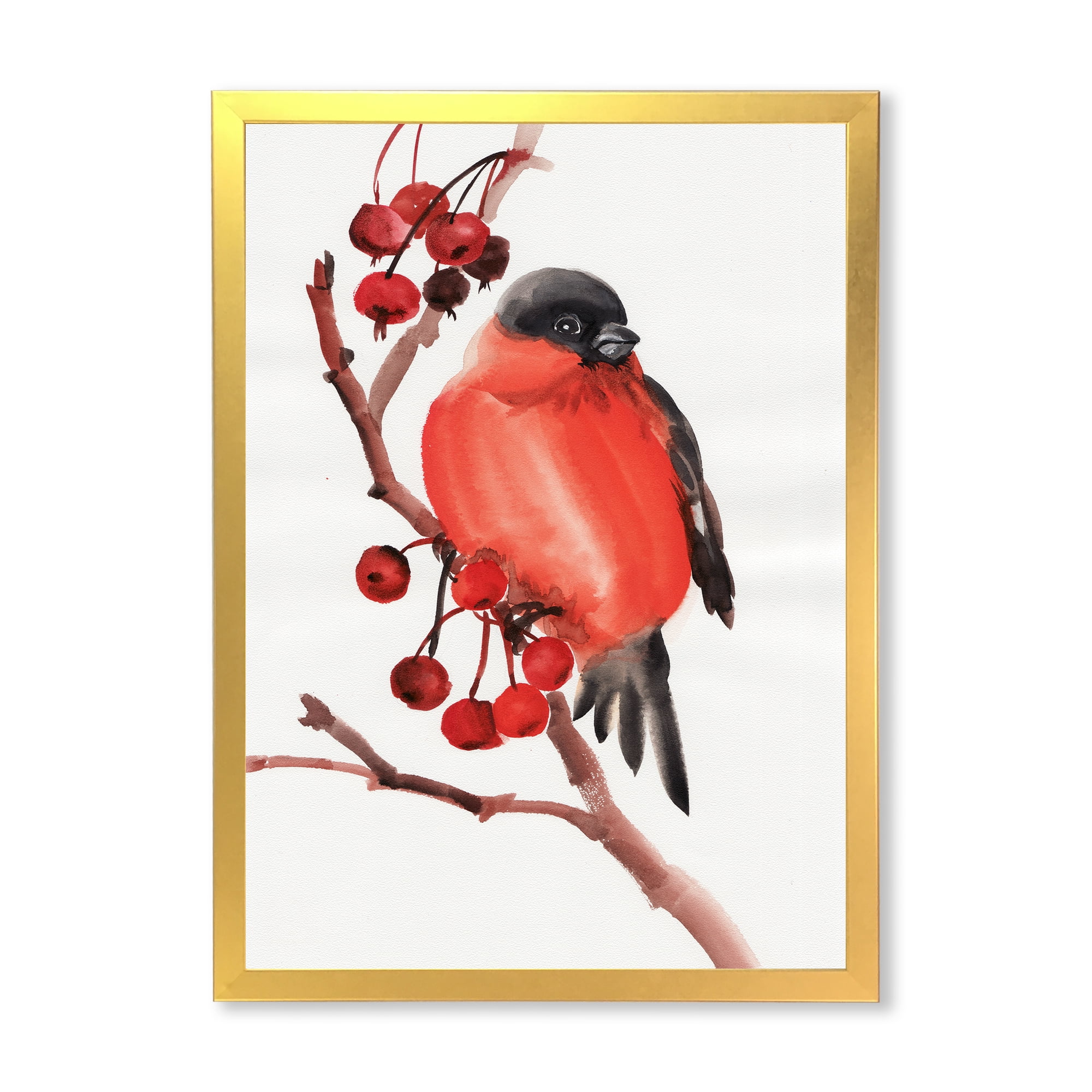 Designart 'Red Bullfinch Bird Sitting On A Branch With Berries' Traditional Framed Art Print
