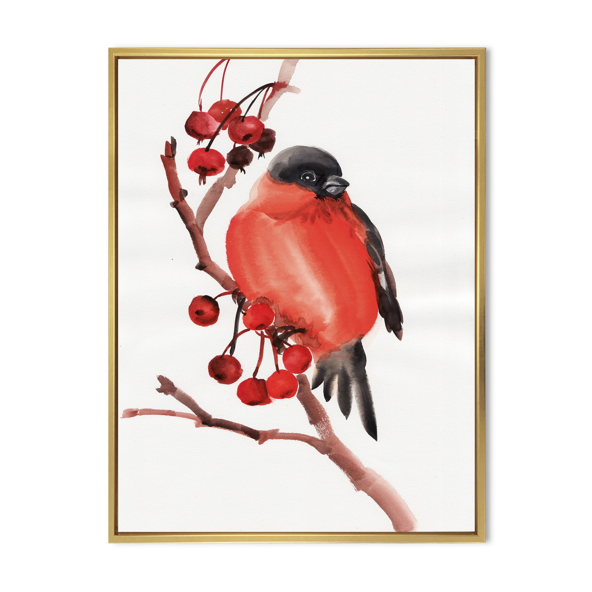 Designart 'Red Bullfinch Bird Sitting On A Branch With Berries' Traditional Framed Canvas Wall Art Print