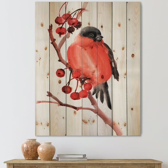 Designart 'Red Bullfinch Bird Sitting On A Branch With Berries' Traditional Print on Natural Pine Wood
