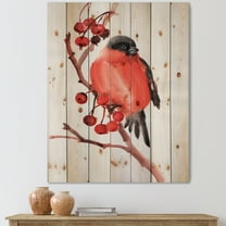 Designart 'Red Bullfinch Bird Sitting On A Branch With Berries' Traditional Print on Natural Pine Wood