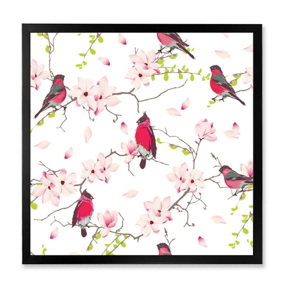 Designart 'Red Bullfinches Sitting On Magnolia Tree' Traditional Framed Art Print