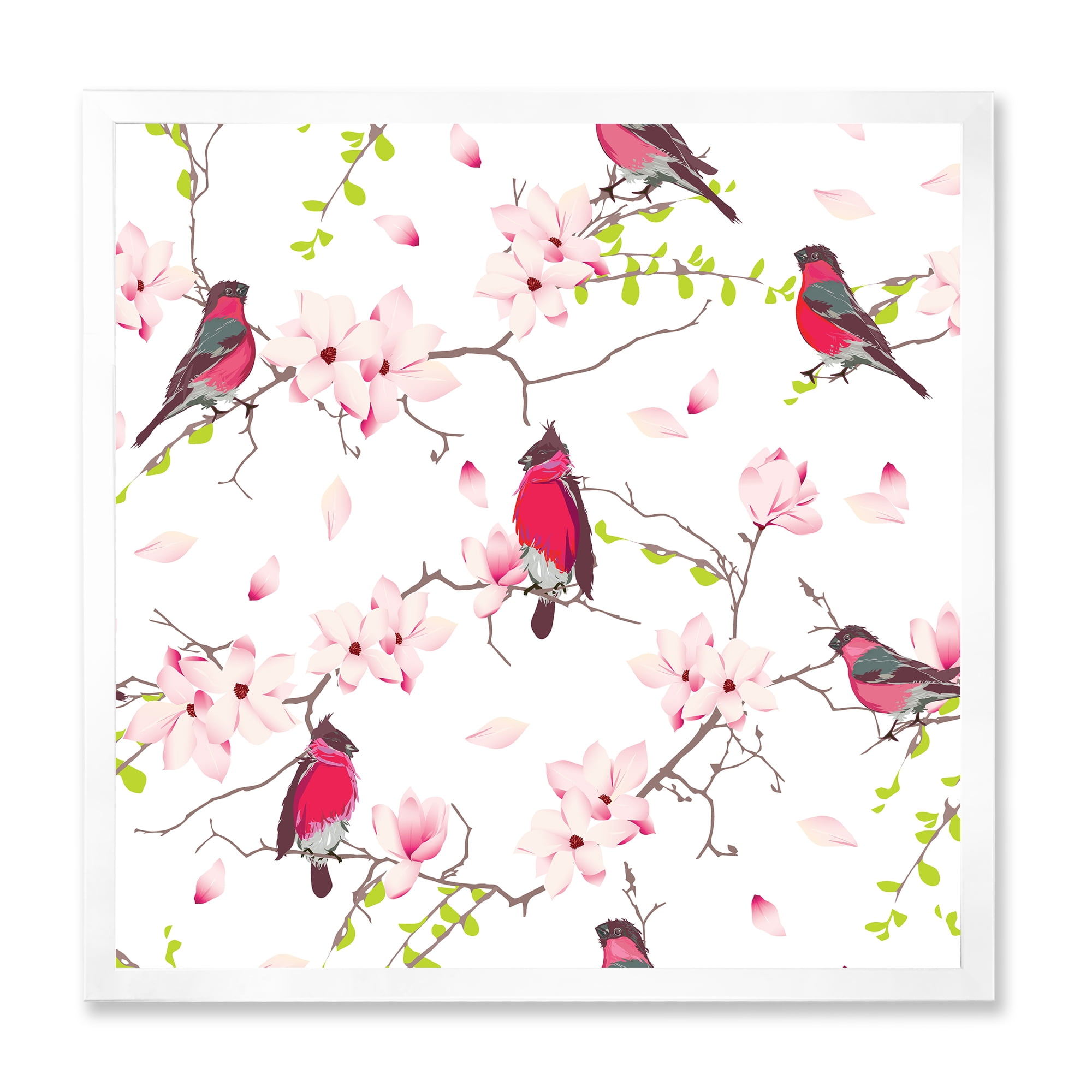 Designart 'Red Bullfinches Sitting On Magnolia Tree' Traditional Framed Art Print