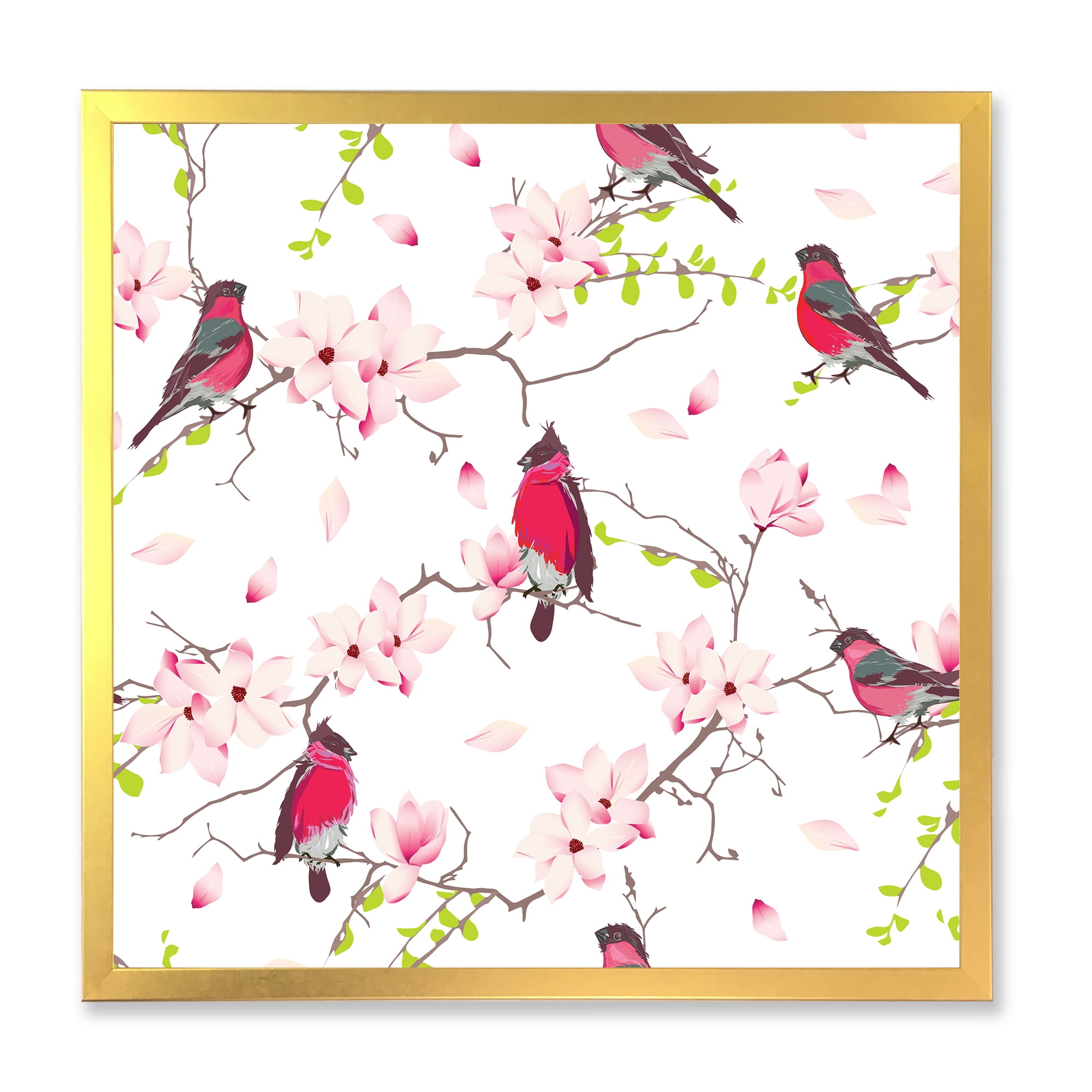 Designart 'Red Bullfinches Sitting On Magnolia Tree' Traditional Framed Art Print