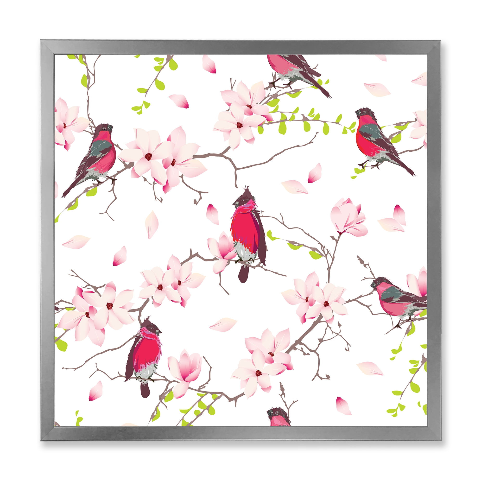 Designart 'Red Bullfinches Sitting On Magnolia Tree' Traditional Framed Art Print
