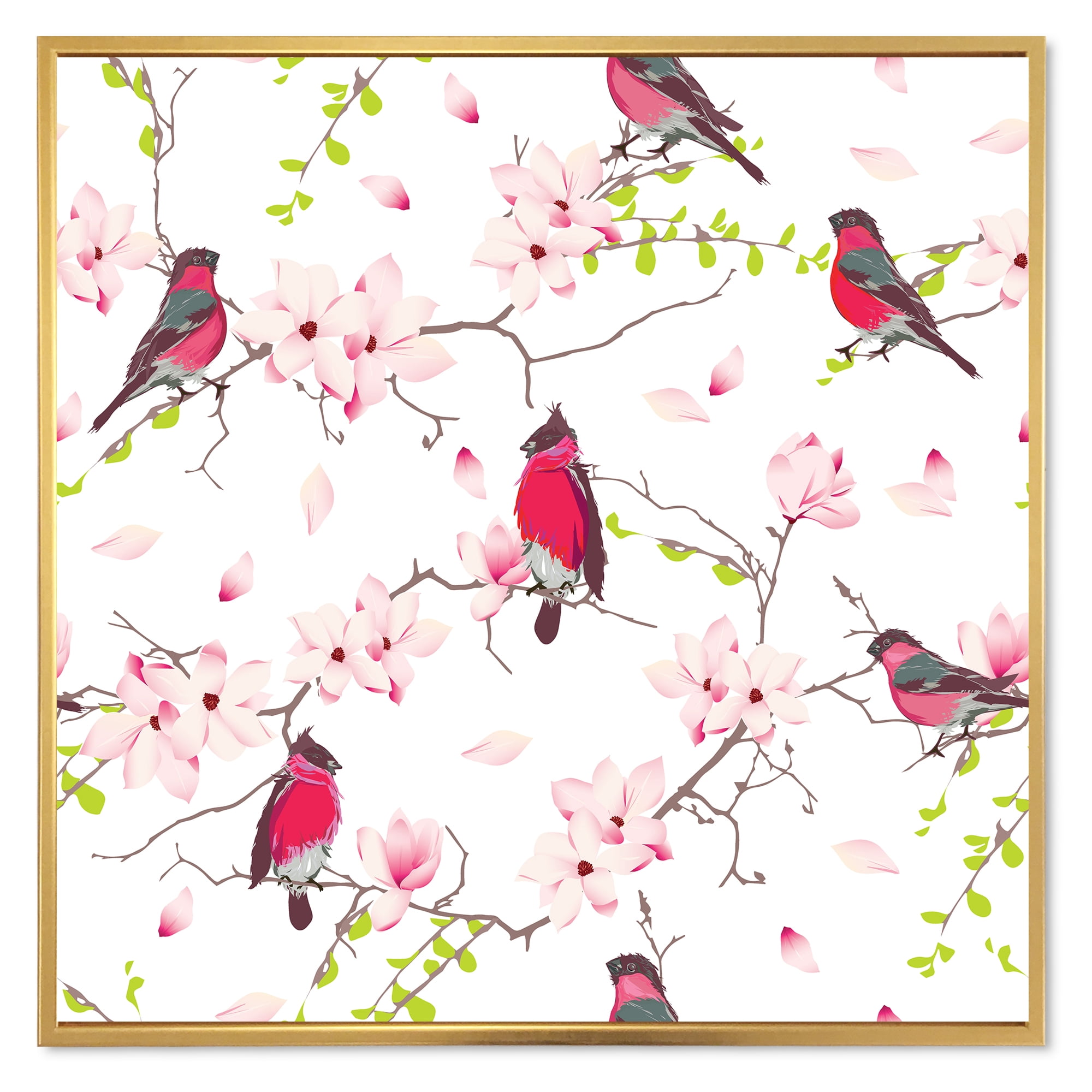 Designart 'Red Bullfinches Sitting On Magnolia Tree' Traditional Framed Canvas Wall Art Print