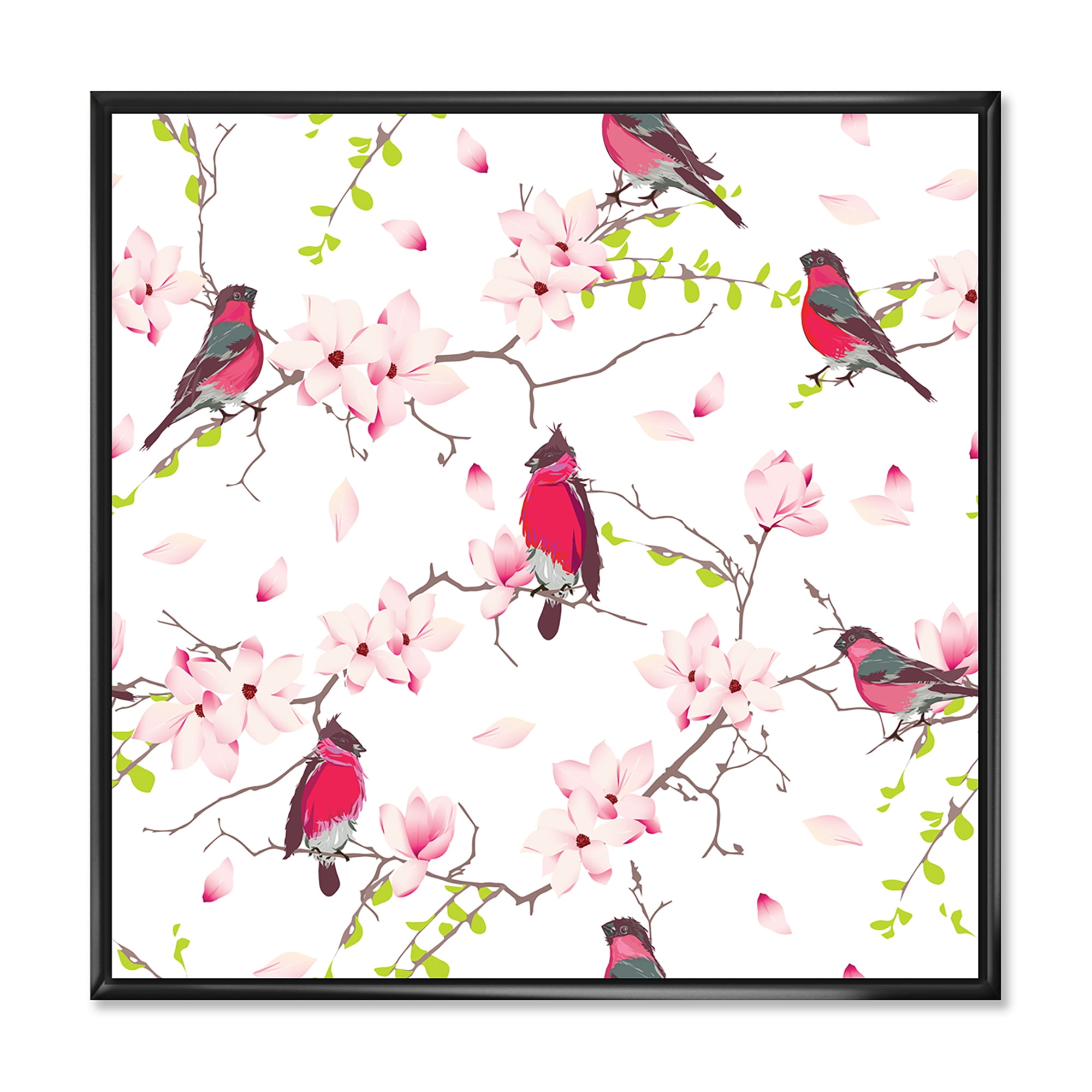 Designart 'Red Bullfinches Sitting On Magnolia Tree' Traditional Framed Canvas Wall Art Print