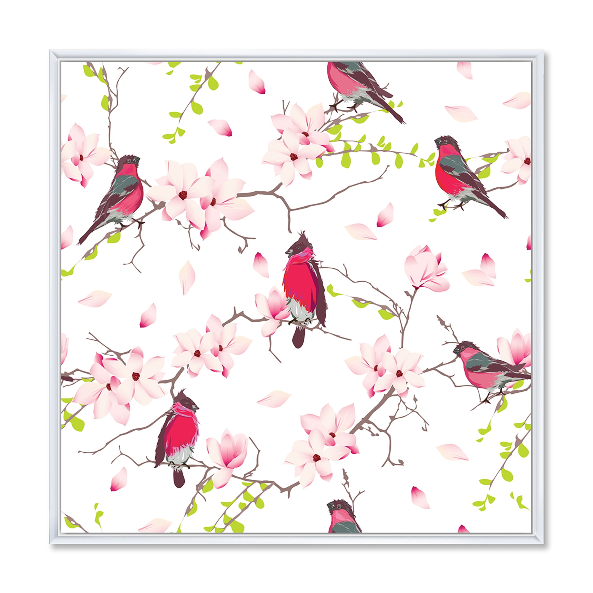 Designart 'Red Bullfinches Sitting On Magnolia Tree' Traditional Framed Canvas Wall Art Print