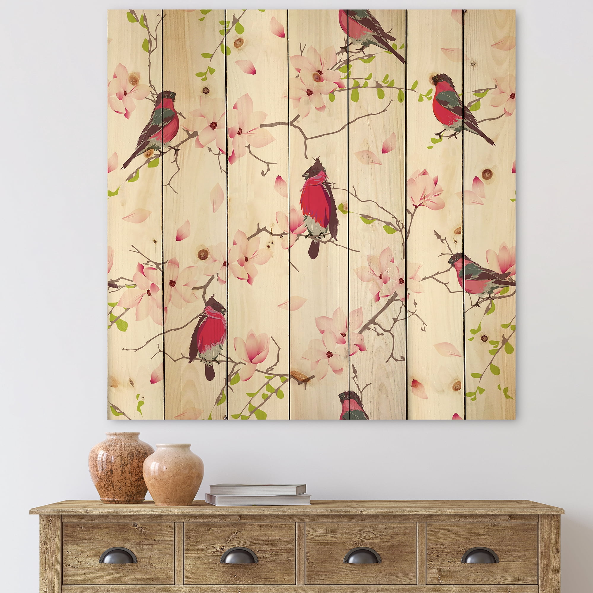 Designart 'Red Bullfinches Sitting On Magnolia Tree' Traditional Print on Natural Pine Wood