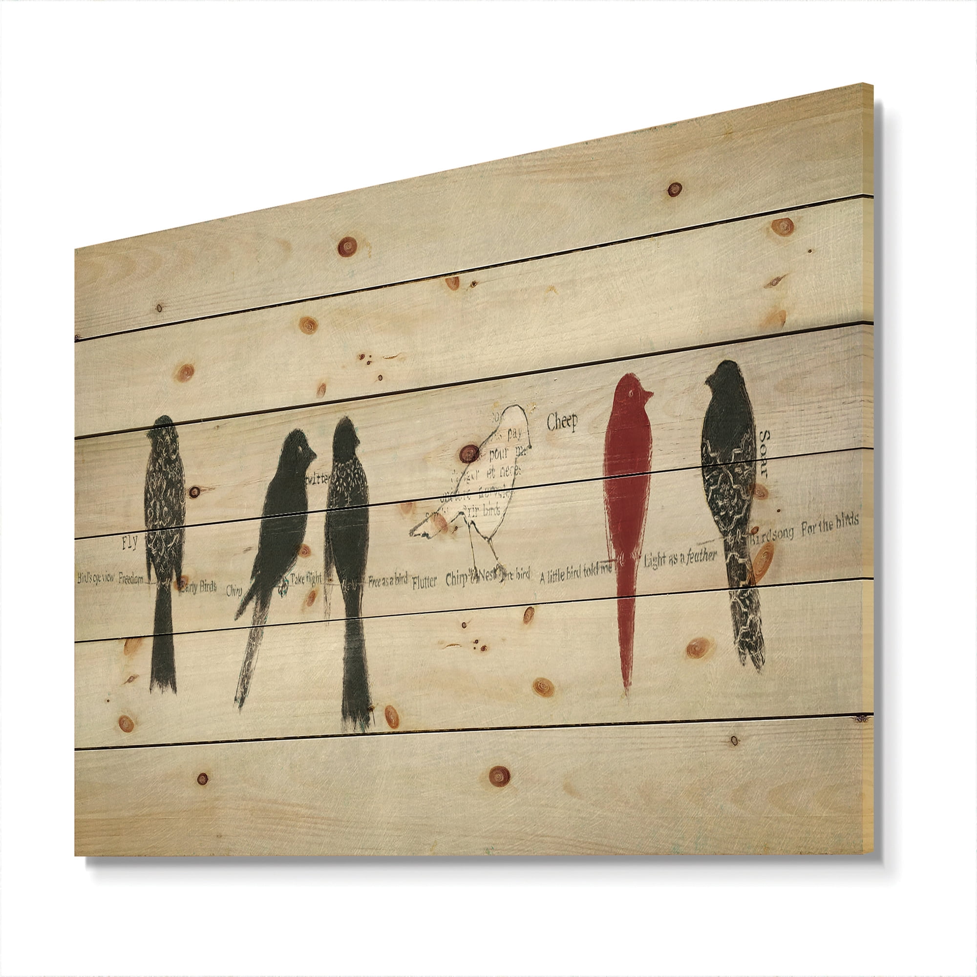 Designart 'Red Catching Up Bird Family On Words' Farmhouse Print on Natural Pine Wood