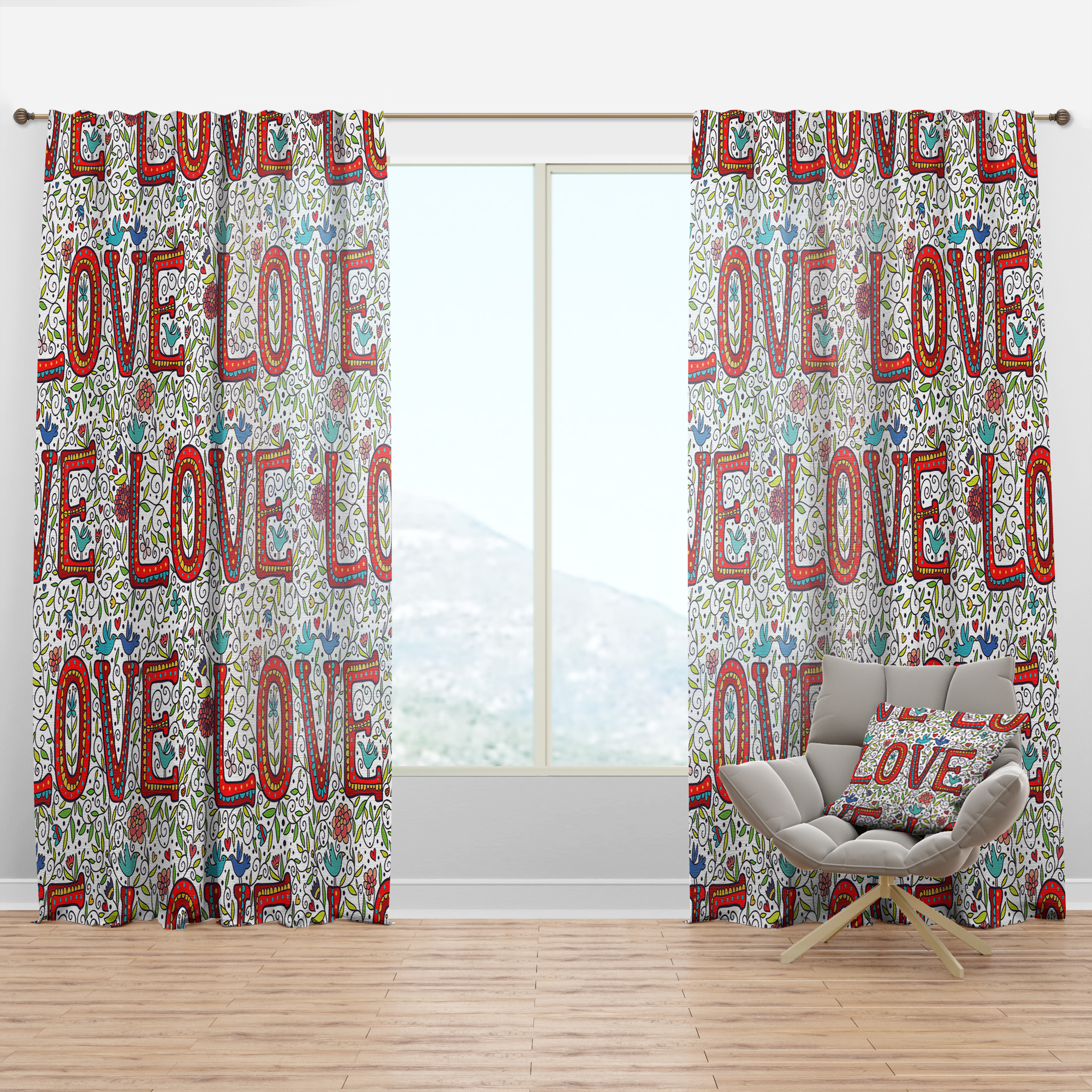 Designart 'Red Color Love Pattern' Modern & Contemporary Curtain Panel