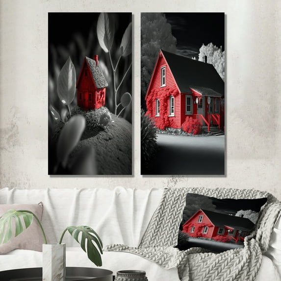 Designart "Red Cottage in the Countryside Rustic Charm II" Lake House Cottage Wall Art Set Of 2 - Traditional Red Gallery Wall Set For Home Decor