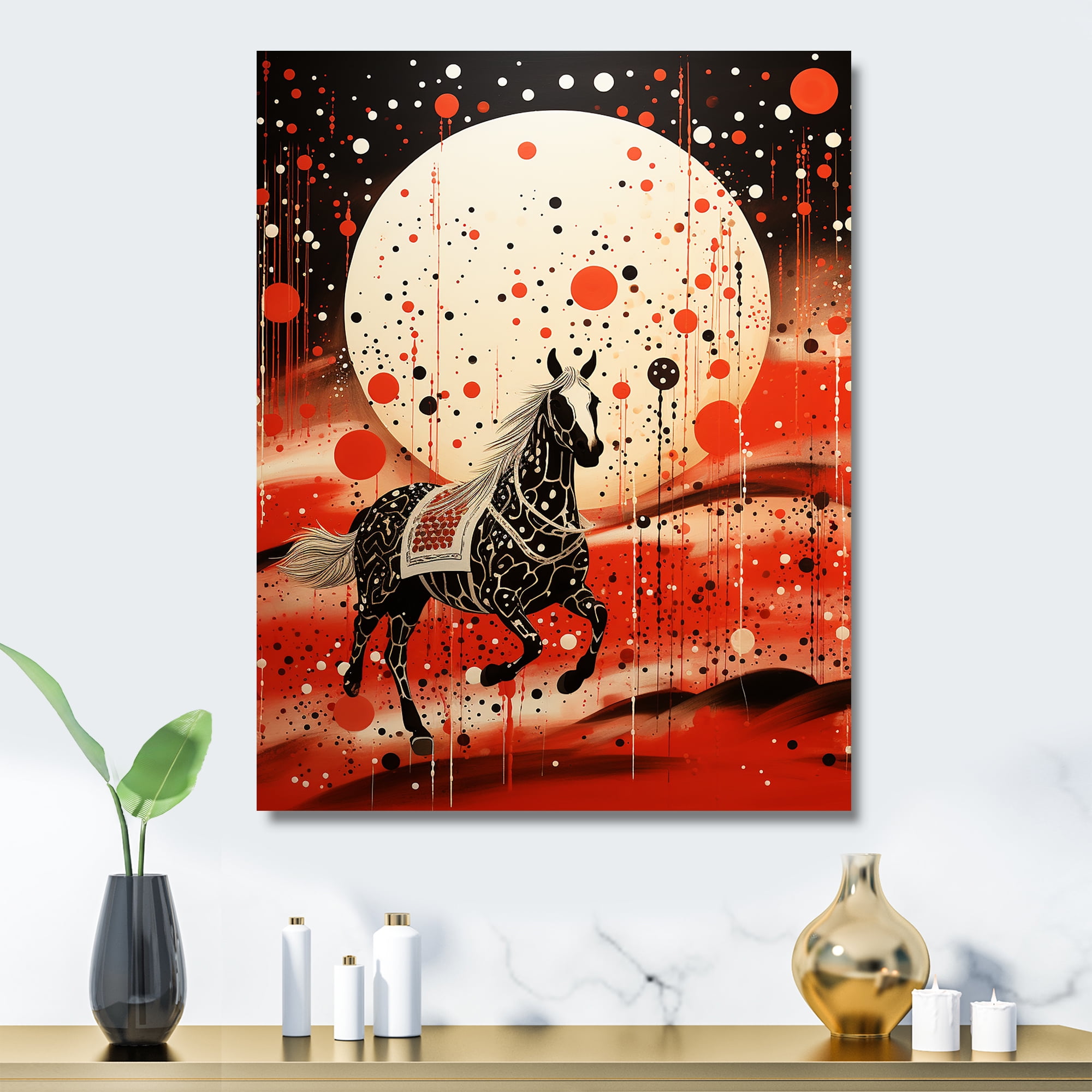 Designart "Red Cowboys horse moon bandits In Red and White"Cowboys