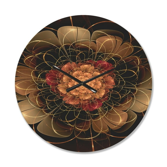 Designart 'Red Dark Gold Fractal Flower Pattern ' Modern Wood Wall Clock