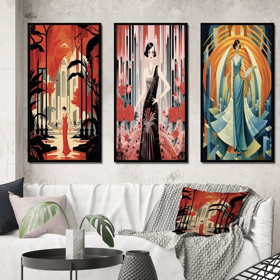 Designart "Red Evening Gown Art Deco Lady" Fashion Woman Framed Wall Art Set Of 3 - Red Glam Frame Canvas Set For Living Room Decor