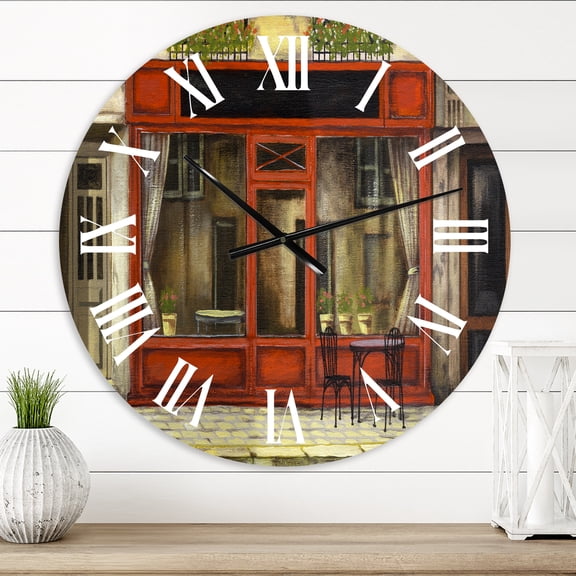 Designart 'Red Facade Of Charming Shop In Paris I' French Country Wall Clock