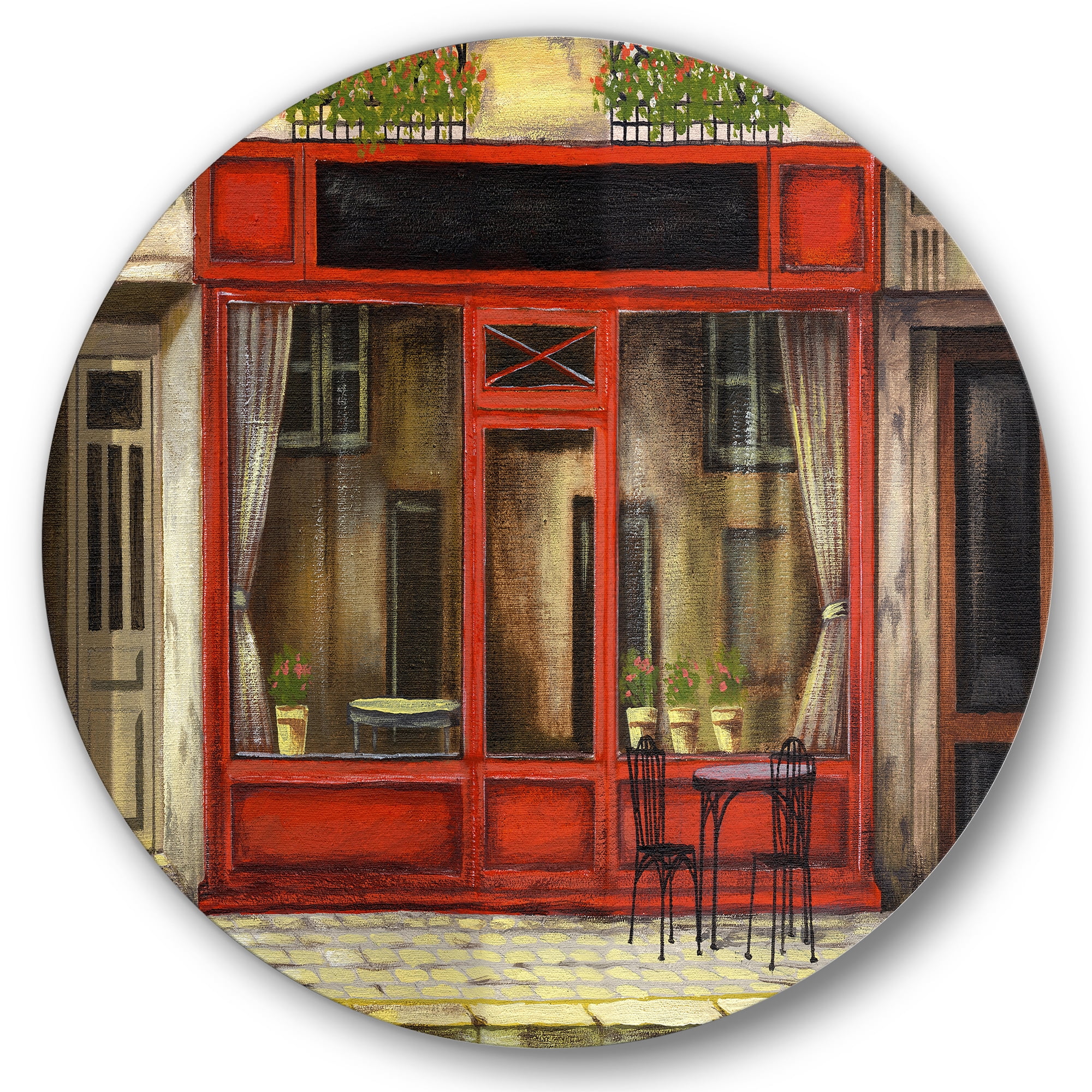Designart 'Red Facade of Charming Shop In Paris Street I' French Country Circle Metal Wall Art 36x36 - Disc of 36