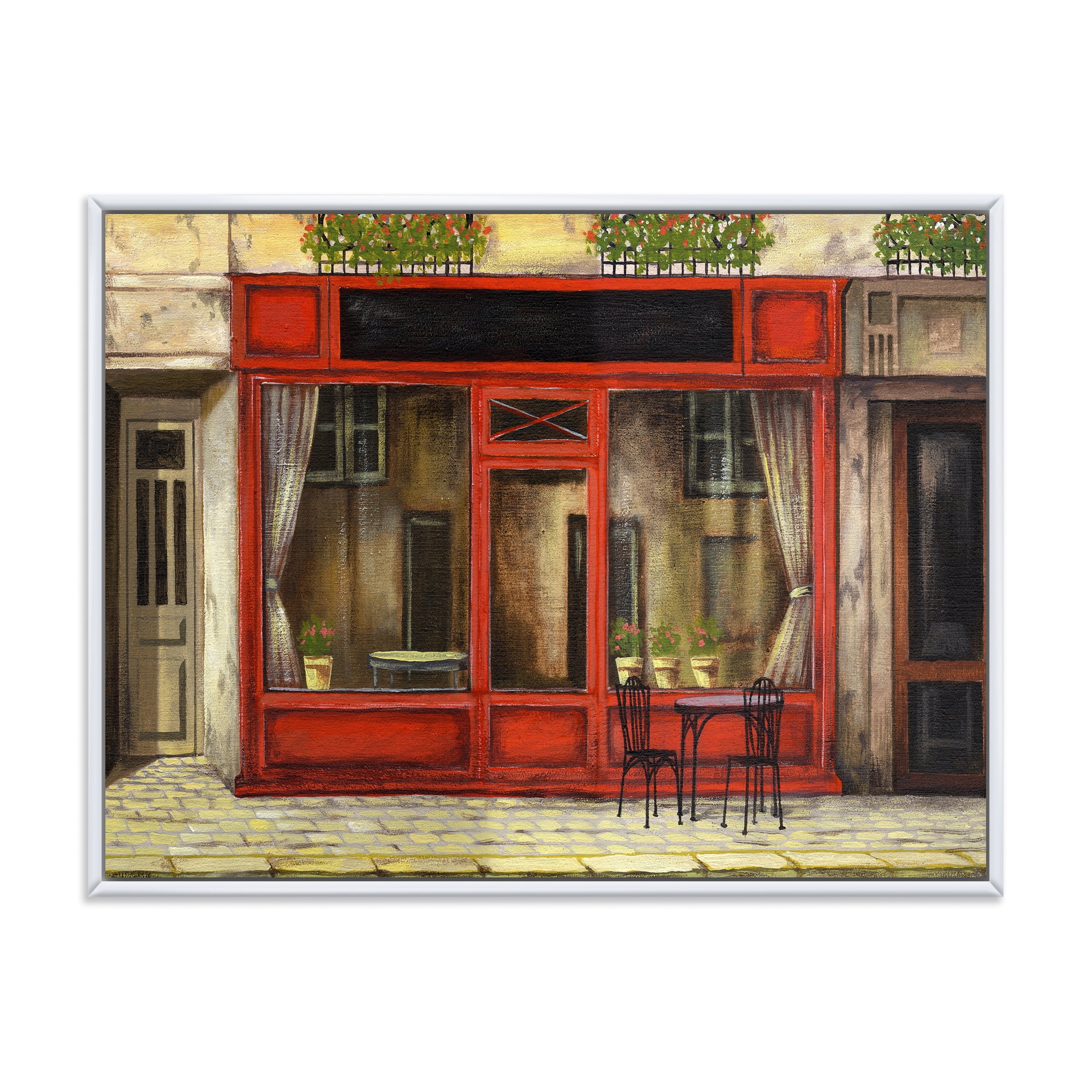 Designart 'Red Facade of Charming Shop In Paris Street I' French Country Framed Canvas Wall Art Print