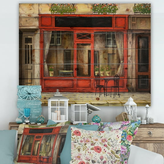 Designart 'Red Facade of Charming Shop In Paris Street I' French Country Print on Natural Pine Wood