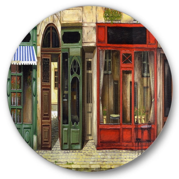 Designart 'Red Facade of Charming Shop In Paris Street II' French Country Circle Metal Wall Art 11x11 - Disc of 11