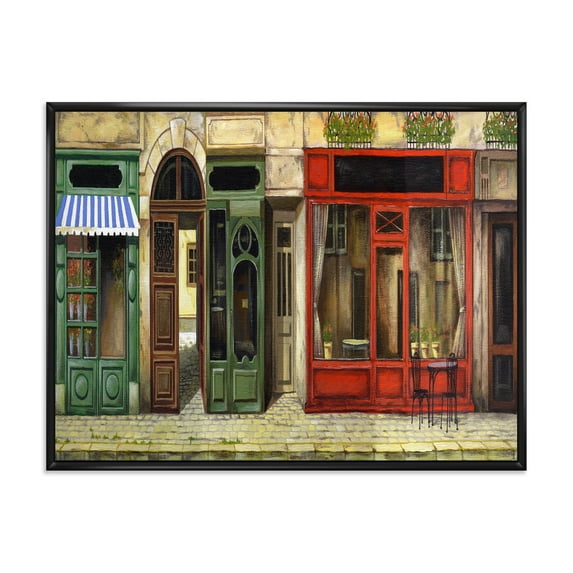 Designart 'Red Facade of Charming Shop In Paris Street II' French Country Framed Canvas Wall Art Print