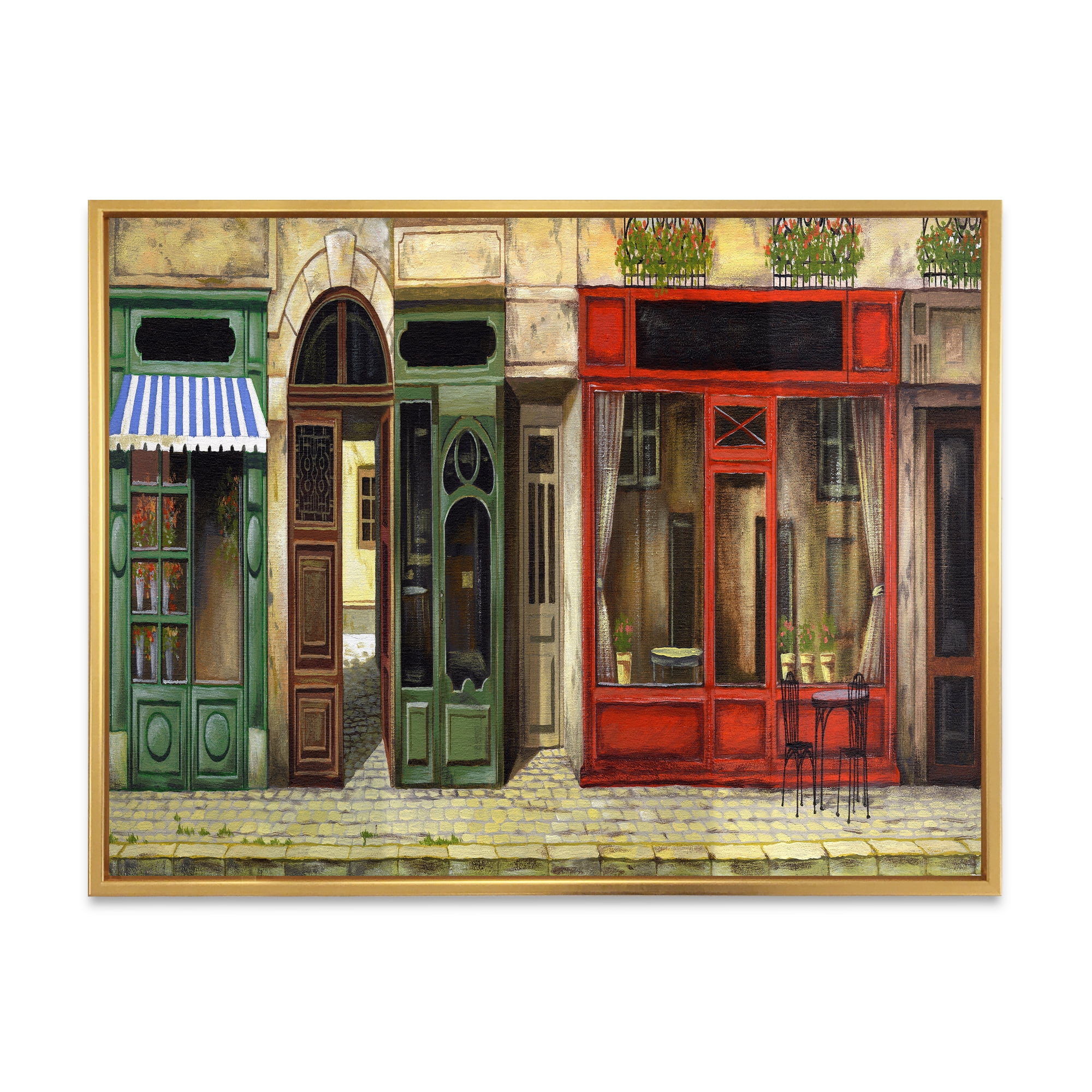 Designart 'Red Facade of Charming Shop In Paris Street II' French Country Framed Canvas Wall Art Print