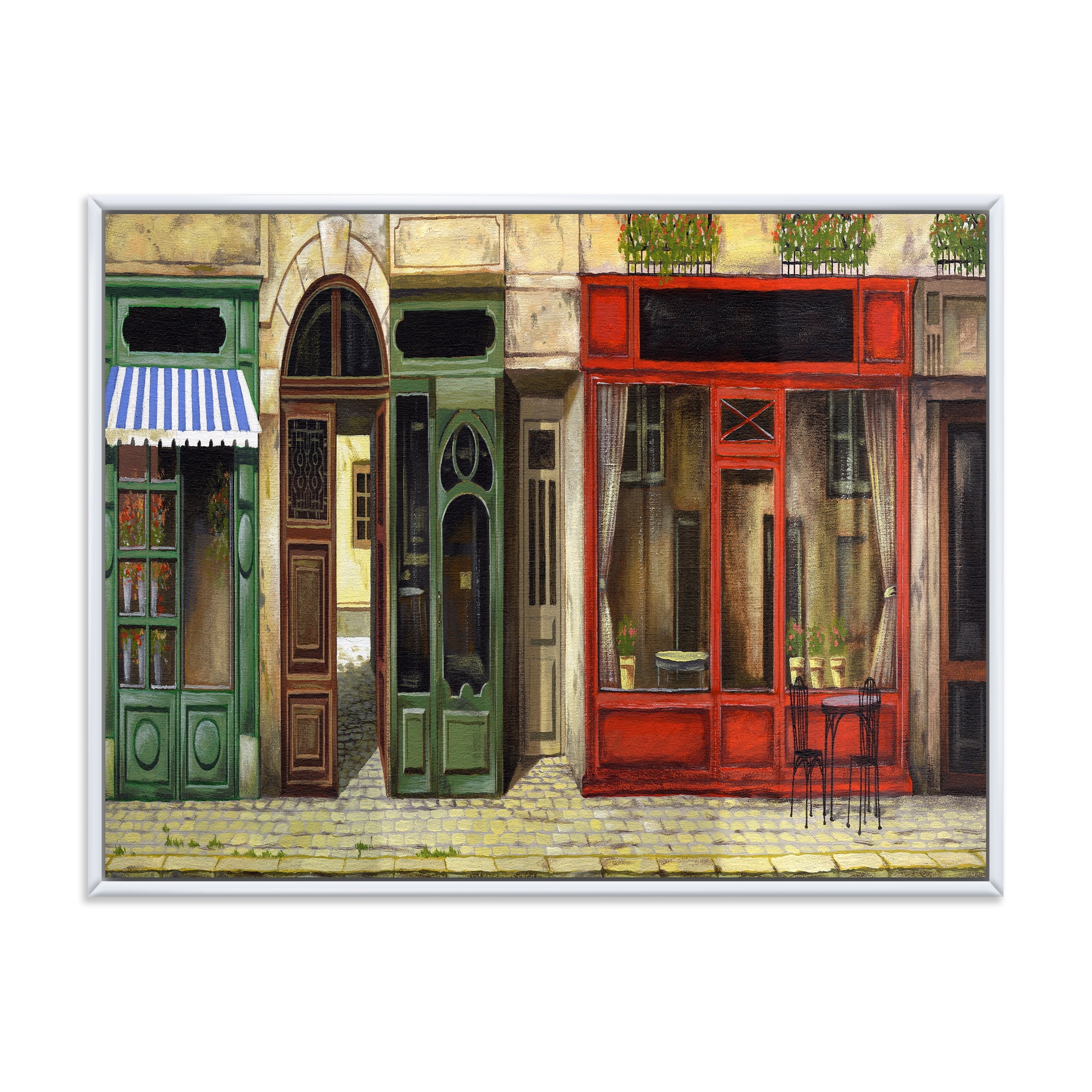 Designart 'Red Facade of Charming Shop In Paris Street II' French Country Framed Canvas Wall Art Print