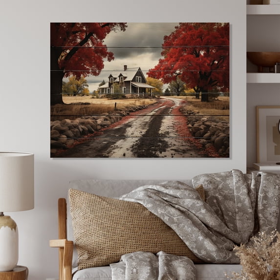 Designart "Red Farmhouse Rustic gracefulness III" Farm Print on Natural Pine Wood