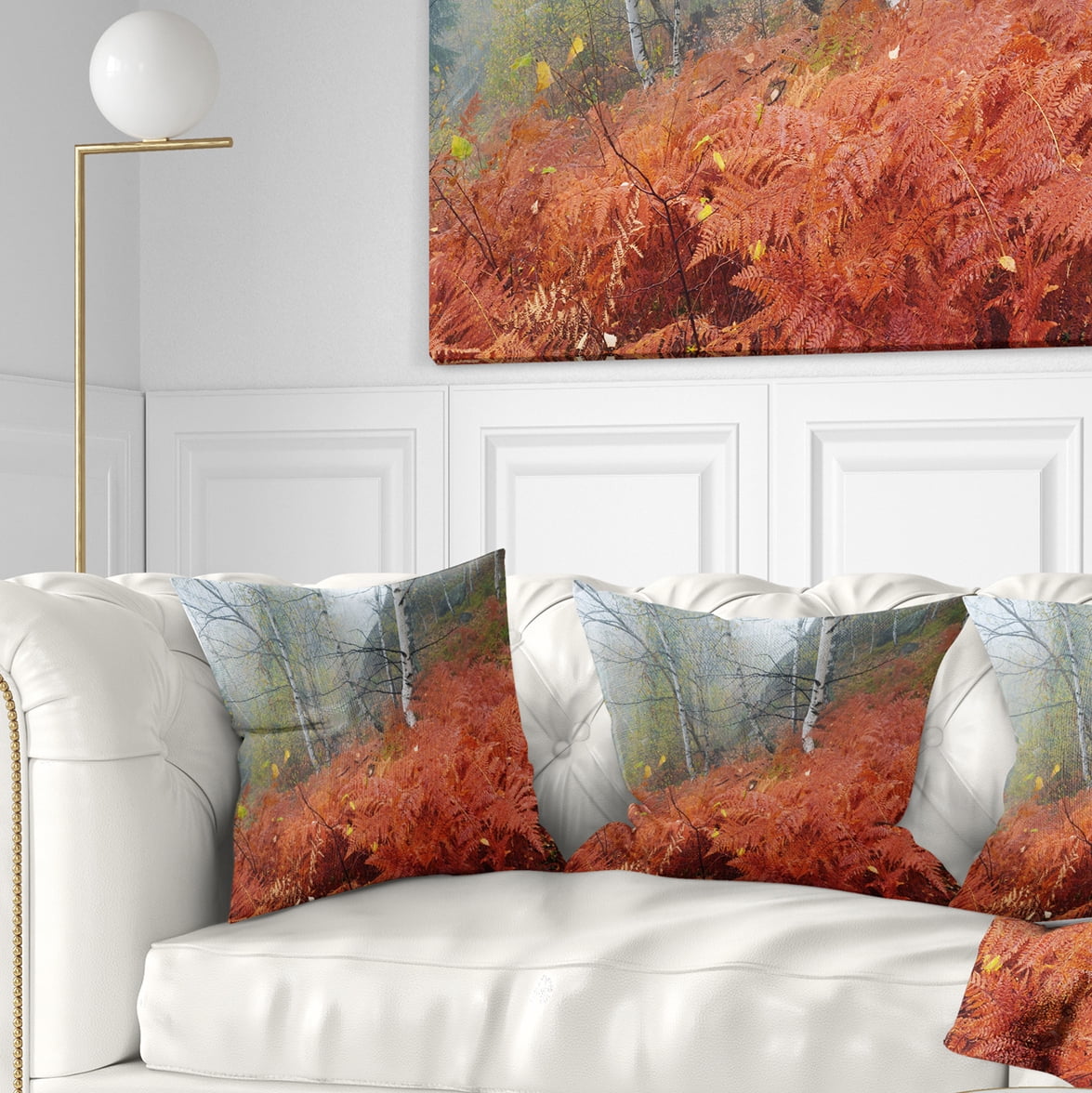 Designart Red Fern in Foggy Fall Fay - Landscape Photo Throw Pillow - 16x16