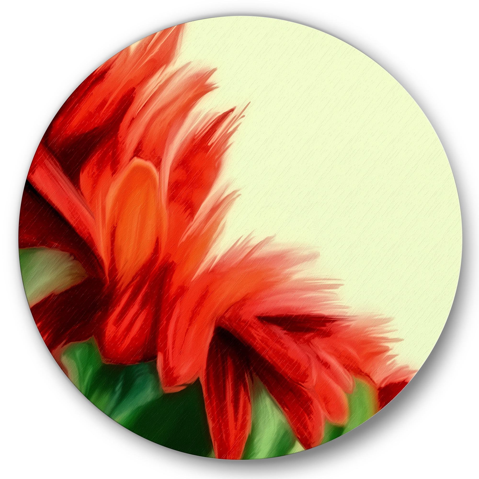Designart 'Red Floral Brush Strokes On Green' Traditional Circle Metal Wall Art 36x36 - Disc of 36