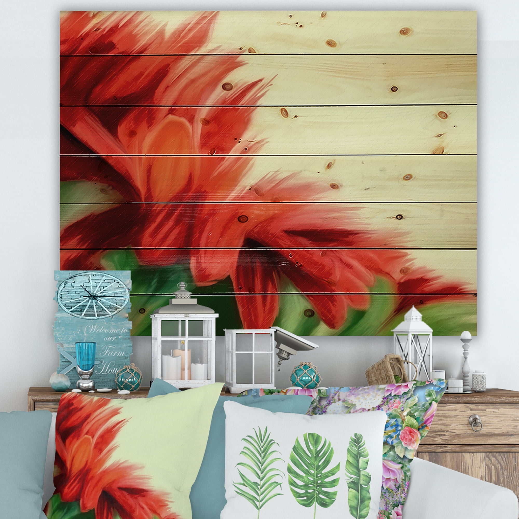Designart 'Red Floral Brush Strokes On Green' Traditional Print on Natural Pine Wood